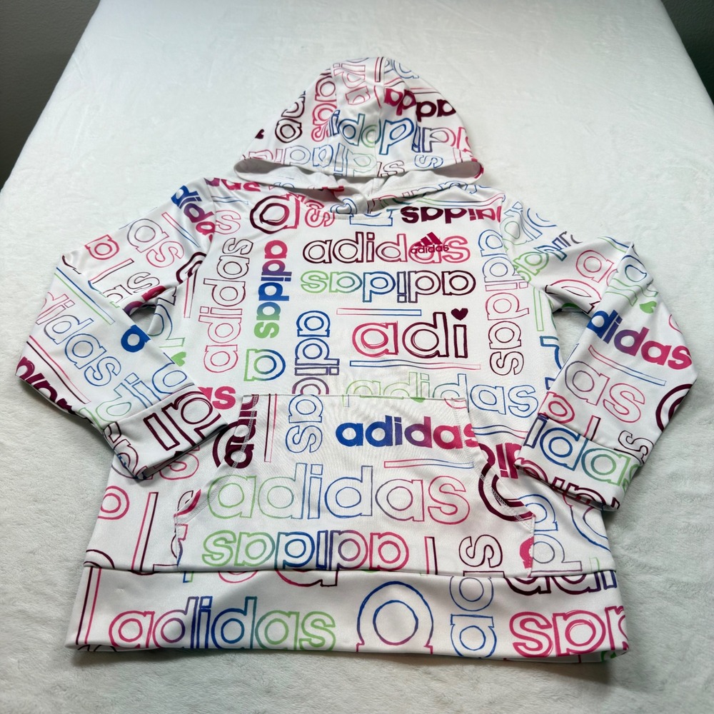 Adidas Hoodie Girls L 14 White Multicolor Excellent All Over Print AA0184